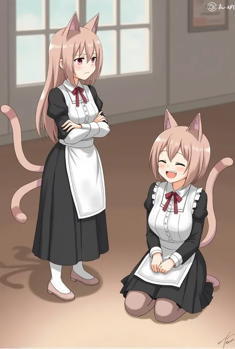 Two cat girls servants, one frowning and standing, the other smiling and sitting