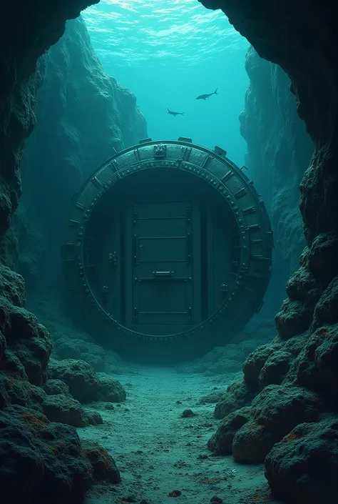 Mechanical door underwater entrance of military base cave in sea on island in water background image