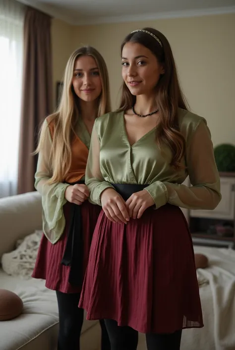 ultra Realistic upper body of two beautiful young brunette and blonde German woman with long hair, headband, Necklace, smile. Beautiful legs and high heels , She stands in the livingroom, The brunette woman wears a light green satin top with long transpare...