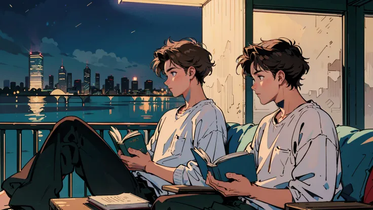  top quality, 8k,  1990s style , 2010s hairstyles,  21 year old boy,  light brown eyes,  city pop,  pants ,Night view of the sea, Relax on the veranda、, reading a book, whole body,  Relax Coffee, profile