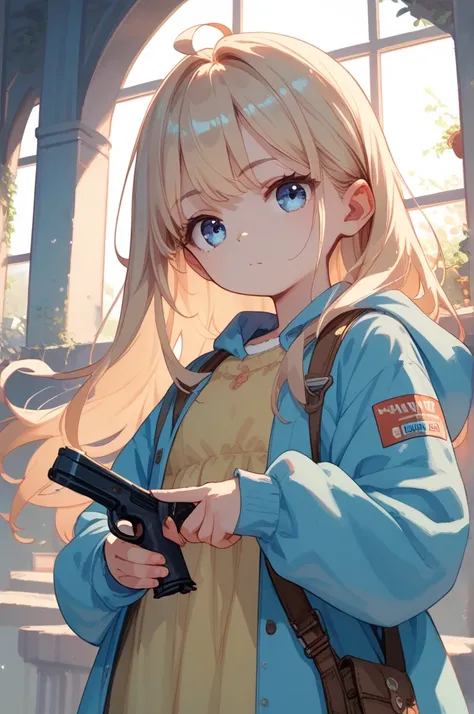 masterpiece, small boobs, cyber, young, handgun, long hair, blond hair, Straight Hair, light blue eyes