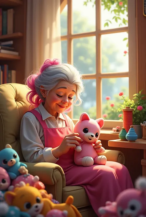 Grandmom, sewing, toys, pink hair