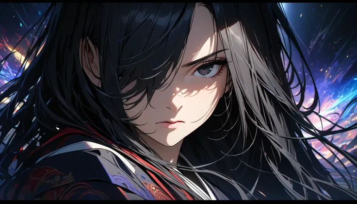 mature female, black hair, long hair, straight hair, hair over one eye, black eye, gothic traditional japanese clothes, (best quality,4k,8k,highres,masterpiece:1.2),ultra-detailed,dramatic lighting,dramatic shadows,cinematic composition,intricate details,r...