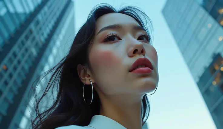 A modern urban advertising image in a 16:9 format, inspired by the bold perspective shots of Fei Tang. The model is seen in an extreme close-up, with an upward camera angle that makes her appear powerful and larger-than-life. Her eyes and eyelashes are the...