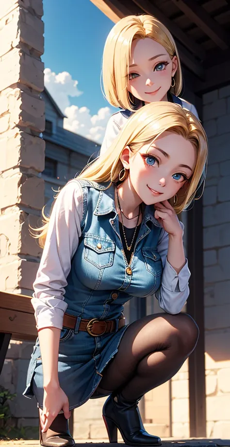  android 18, ライト blonde aloneの髪,  medium hair shaggy cut for women ,  blue transparent eyes of a Slavic Caucasian ,   Sexy double eyelids above and below the eyes  ,  has amazing eyeballs ,  she doesnt wear jewelry like a necklace around her neck , The ope...