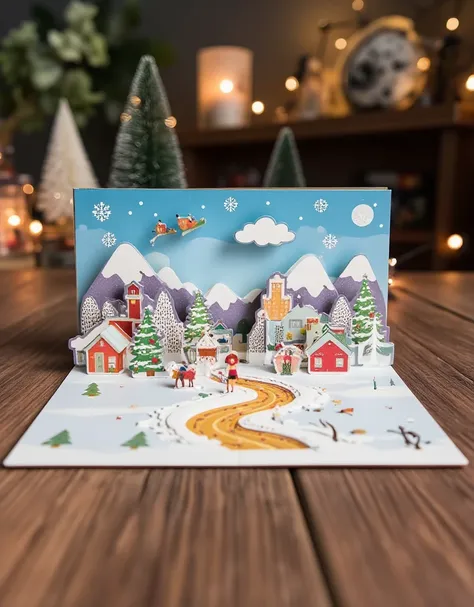 3DJZ,
A Miniature Adventure: A Book Opens to a Landscape of Mountains and Clouds,with Two Small Figures Exploring an Unseen Path.,
incredibly absurdres,huge filesize,wallpaper,colorful,，snowflake, ( Christmas atmosphere in the room :1.5)