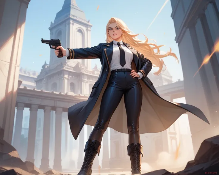 A woman. She 30 years old. Amilitary soldier. She have cold expression. She wearin white shirt,black pants,long boots,long,black coat and black tie. She have straight,black,long hair and . She is tall. She pointing her gun another girl