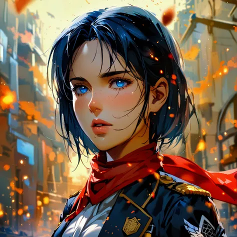 A girl with blue eyes big breasts black hair that I have the uniform of the Legion of the Exploration Corps from Attack on Titan next to Captain Levi 