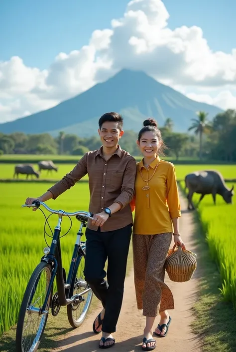 A romantic couple portrait set in a beautiful village landscape:

A young Asian man with neatly styled short hair is smiling warmly at the camera. He is wearing a long-sleeved shirt with brown and black stripes, paired with formal black trousers and black ...