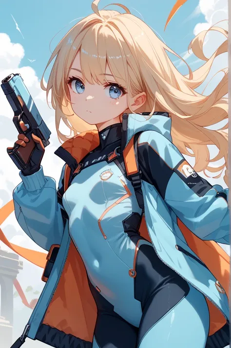 masterpiece, small boobs, cute, cyber suit, handgun, long hair, blond hair, Straight Hair, light blue eyes