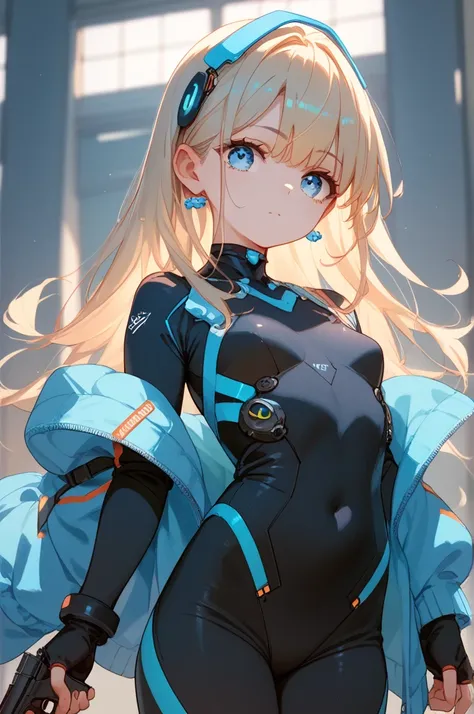 masterpiece, small boobs, cute, cyber suit, handgun, long hair, blond hair, Straight Hair, light blue eyes