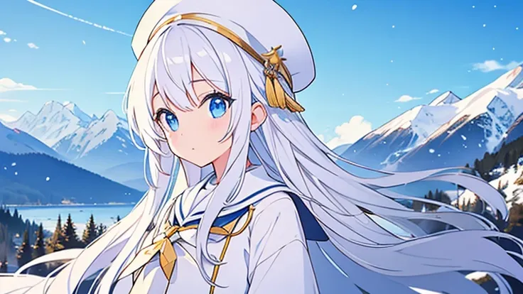  snowy mountains、  white hat with gold decoration、Long white hair、Sailor&#39;   white uniform 