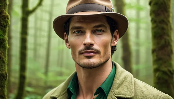  A 30-year-old man with a mysterious look similar to David Gandy,  green eyes, wearing archaeologists hat and clothes , a forest,  hyper realistic image 