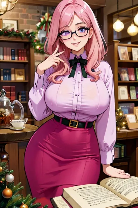 Perfect face. Perfect hands. A pink haired woman with violet eyes with an hourglass figure with glasses in a blouse and pencil skirt is offering you  tea by a Christmas tree in a book shop that is decorated for Christmas with a big smile