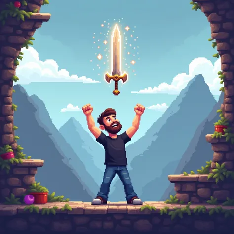 Pixel art, game style. Bearded young man obtaining the sword item. In a platform game. A wide shot showing platforms, a mountain. The sword floats, surrounded by particles. The young man celebrates. The young man is wearing blue jeans, a black t-shirt, and...