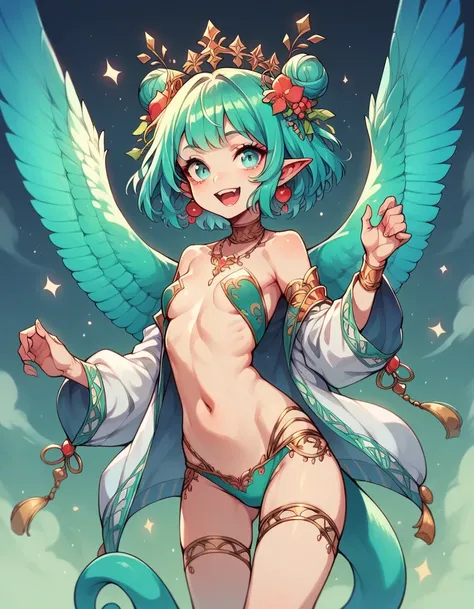  peacock girl with turquoise eyes, turquoise square ,  with peacock wings and tail,  as well as wings behind her ears .  in carnival and open clothes .