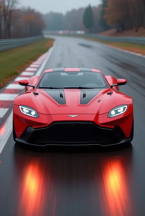 an ultra realistic photo,  of a futuristic sports car from Aston Martin ,  like a flamboyant hotwheels red and black ,  front grille divided into layers ,  on a racetrack burning through the exhaust, Wheels moving ,  twisted vibrating in the background 