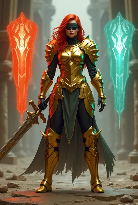  A red-haired woman in full gold armor, without a helmet and without any accessories on her head ,  other than a black blindfold covering her eyes .

She wields a giant sword with one hand and has two magic metal shields floating next to her.

One shield f...