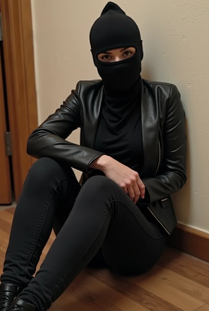 A robber in a balaclava broke into the girls apartment ,  when he saw him, the girlfriend attacked him and dumped the robber to the ground, pressed him with her legs, sitting on top of him, pressing it.