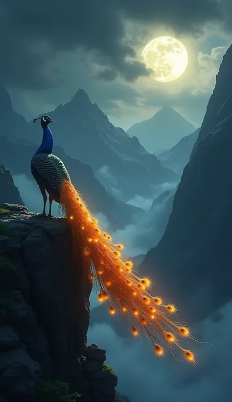 The image is a digital illustration of a peacock standing on a rocky cliff overlooking a mountainous landscape. The peacock is facing towards the right side of the image, with its head turned towards the left side. It has a long, flowing tail that is made ...