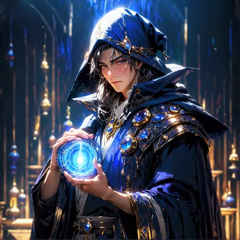 wizard, young, ancient costumes,  Pointed Hat , robe, magical environment,  with his head wrapped around the aperture,  holding employee , Stand sideways, portrait, Dark blue theme 