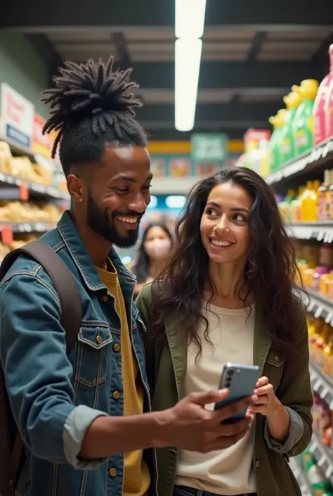 Haitian taking a selfie with a fair-skinned Chilean girl.  The young Chilean woman is scared and unprepared. both at the supermarket 