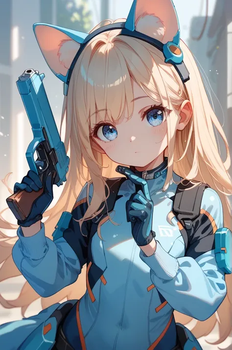 masterpiece, small boobs, cute, cyber suit, handgun, long hair, blond hair, Straight Hair, light blue eyes, animal ear, set up