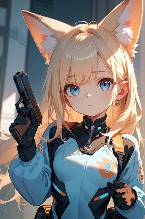 masterpiece, small boobs, cute, cyber suit, handgun, long hair, blond hair, Straight Hair, light blue eyes, fox ear, set up