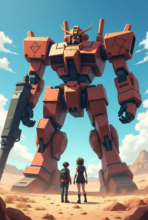 two Anime characters standing in front of giant robots in the desert, modern mecha anime, mecha anime, soldiers and mech fight, battlemech, anime large mecha robot, mecha asthetic, anime mecha aesthetic, war mechs fighting, giant anime mecha, mecha art, ma...