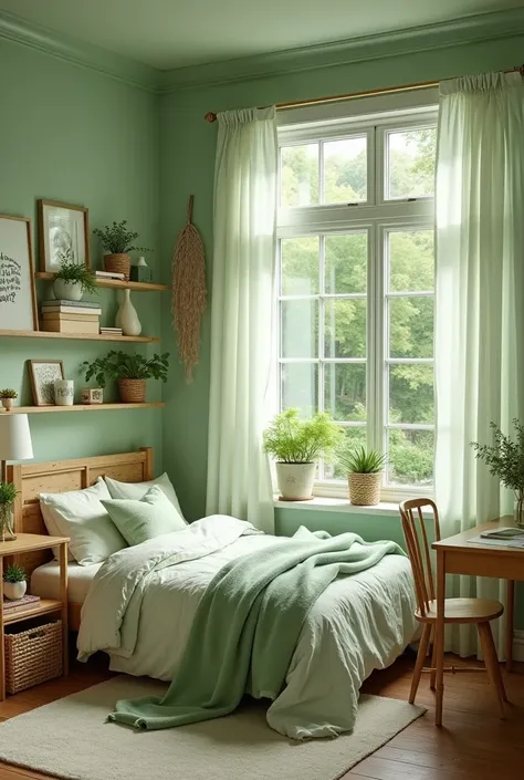 Design a girl teenager bedroom not that much pink instead pastel green 