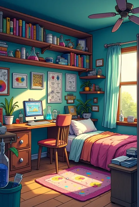 create a comic setting for a bedroom of a girl who loves science .  She has a lot of science books and has a corner of the room where she set up a studio to record videos on scientific topics