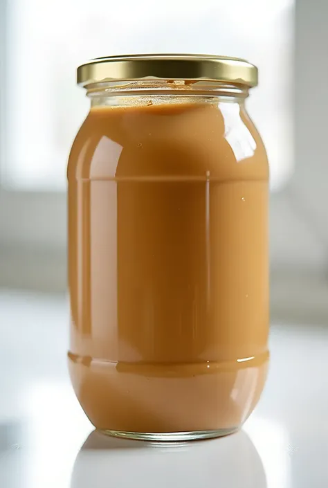 tall glass jar of freshly made peanut butter, illuminated by soft window light, пасмурный день, featuring a shiny gold metal lid, on a white background, no other objects visible, ровные блики на банке, однородная ореховая масса внутри, средняя часть банки ...