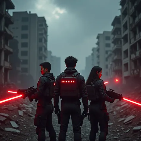  A dark landscape of a destroyed city ,  with ruined buildings and debris everywhere . the young people, Latin men and women ,  are in the middle of the scene dressed in black tactical clothing and futuristic details .  They wear vests with bright red LED ...