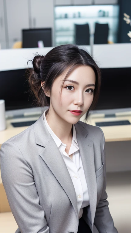 (UHD, masterpiece, anatomically correct, super detail, best quality, 8k)、 Sharp Focus 、 30-year-old elite female office worker 、 wearing a business suit that fits the body、Sophisticated costume 、 black hair tight bun hair 、