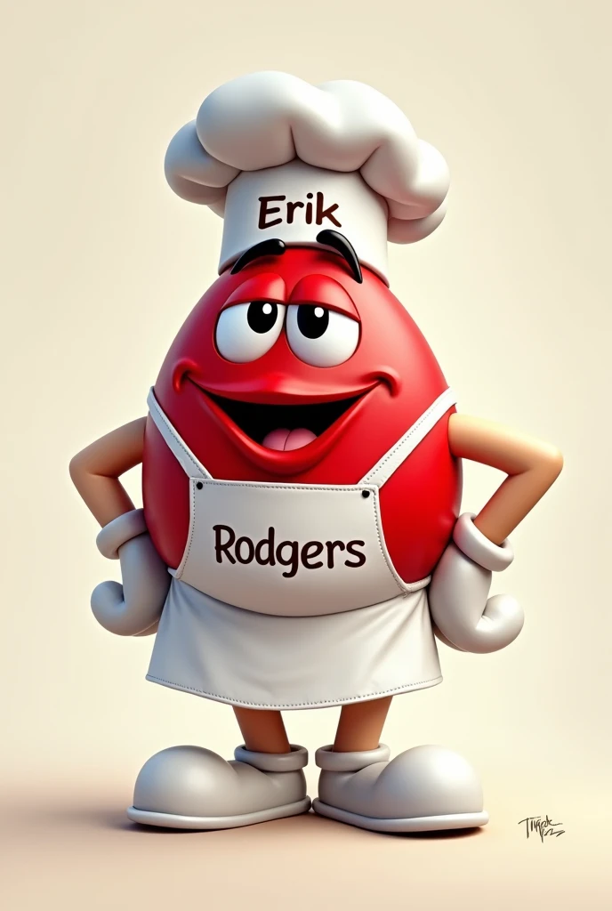 Un M&Ms cuisinier avec une casquette écrit Erik dessus, il est écrit Rodgers sur son tablier