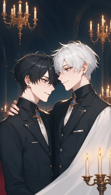 ((Two intimate guys :1.5)),  perfect face,   beautiful face,  very detailed face，( man with short black hair :1.3)，(Man with short white hair :1.3)，Luxury Suits、smile、Gothic castle interior 、 chandelier、candle