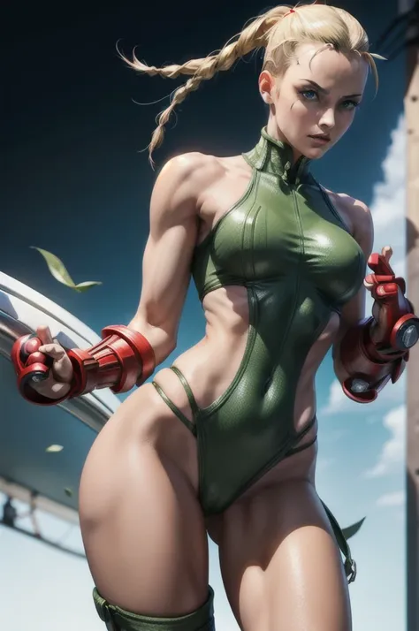 (((Cammy White, character from the game Street Fighter))), Delta Red Cammy, shapely body, Cammy is facing away from the viewer, sexy pose, sexy look at the viewer, blue eyes, beautiful blonde hair, voluminous hair, braids, green swimsuit, fingerless tactic...