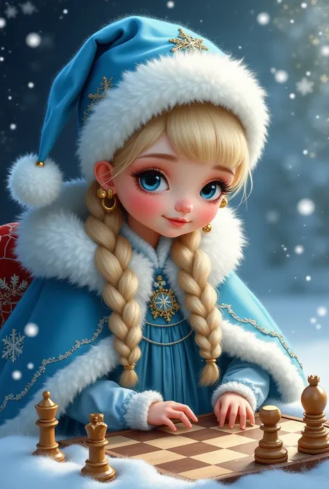  Charming Snow Maiden girl ,blue kokoshnik , white muff snow-white , long braid blonde hair , big beautiful eyes, Miloe Lichico,fluffy dress, cape robe silver patterns fluffy feathers ,soft blue dress , patterns silver transparent snowflakes ,playing chess...