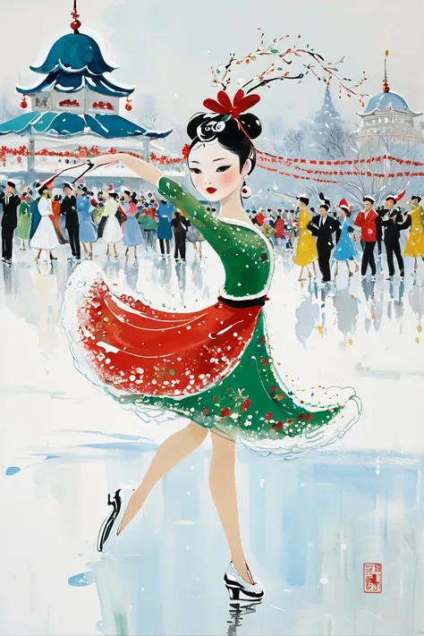 Ice Dance, Christmas hat girl Dance on Ice, by Wu Guanzhong.
best quality, masterpiece, intricate details, ultra-detailed