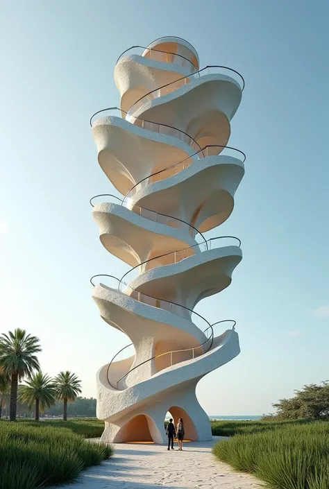 A 10-story viewpoint shelter inspired by the shape and details of seashells with prisms, straight shapes for the wetlands of the Costa Azul beach by Ventanilla 