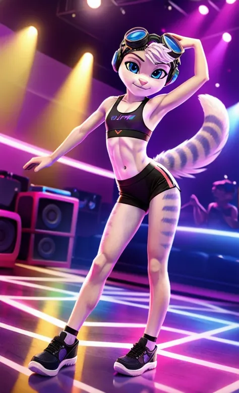 Rivet, tail, furry girl, 1girl, solo, young, pink puma sport shorts, pink sport bra, black soccer shoes, inside livingroom, dancing, listening to music wearing headphones, detailed body fur, detailed body, detailed eyes, detailed face, athletic, skinny, hi...