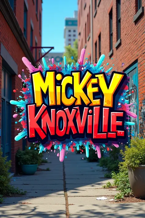 A bold and vibrant graffiti-style text that reads Mickey Knoxville in a playful and energetic font. The text is surrounded by colorful splashes and abstract shapes, giving it a dynamic and lively appearance. The background is a mix of urban elements, such ...