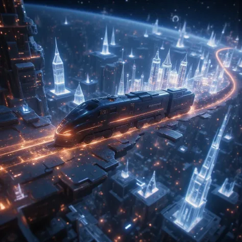 science-fiction, realistic. glowing shadow of cyber-punk train flying in the cosmic space very spirally and dinamically and breaking many layers of the dimension, with many beautiful light trails spiraling. many historical landmarks in the world are displa...