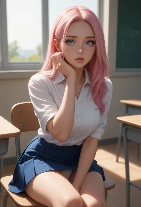  A very beautiful student , vista inferior, sitting in the classroom,  worried hand on forehead ,  Blue Eyes, long pink hair , roasted fine,  full lips ,  tight white shirt ,  white panties appear ,  very short blue skirt ,  vibrant colors,  sun rays shine...