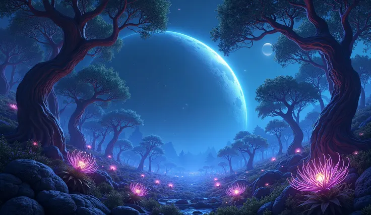 "An alien forest on a distant moon, with bioluminescent plants glowing in vivid blues and purples, under the light of a massive planet dominating the sky."

