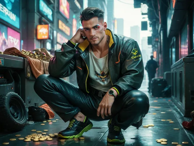  male hero , coin,  full body, Face not visible , Cyberpunk background