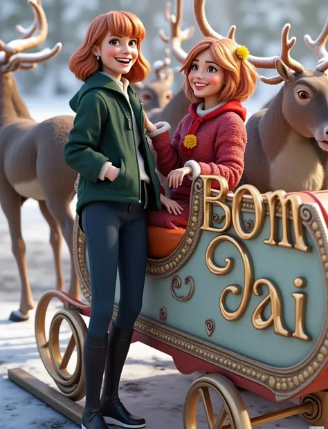 Disney Pixar-style 3D cinematic representation of a woman with short, silky orange-brown hair and side bangs, silver sunflower and earrings. She is dressed in Christmas clothes. she is happy. She is sitting in a sleigh with reindeer. The 3D title “Bom Dia”...