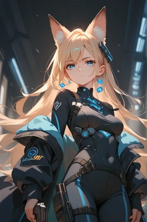 masterpiece, large boobs, black cyber suit, handgun, long hair, blond hair, light blue eyes, fox ear, set up