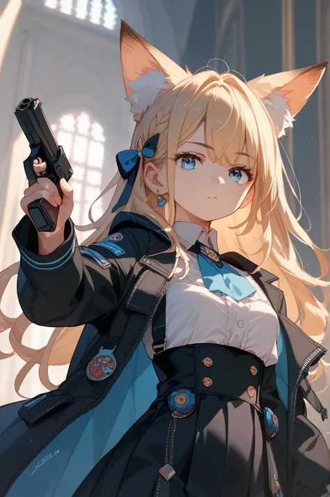 masterpiece, large boobs, black cyber suit, handgun, long hair, blond hair, light blue eyes, fox ear, set up