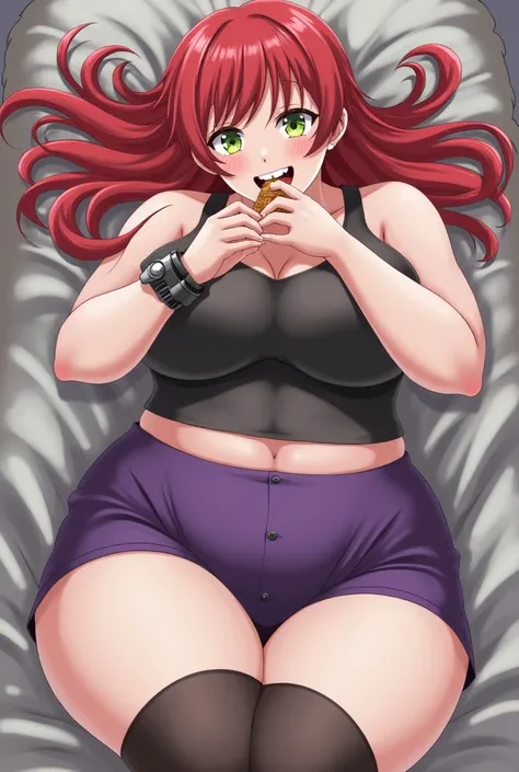 (  high quality:1.1)bbw,clenched teeth,  1 girl, eating cake, plump,Alone,  green eyes,  long hair,  red hair , chubby,fat belly,sexy,purple mini skirt, top cropped roxo, sleeveless, bare shoulders, thighs socks, belly, bracelete, gloves, Clamps, blurry ba...